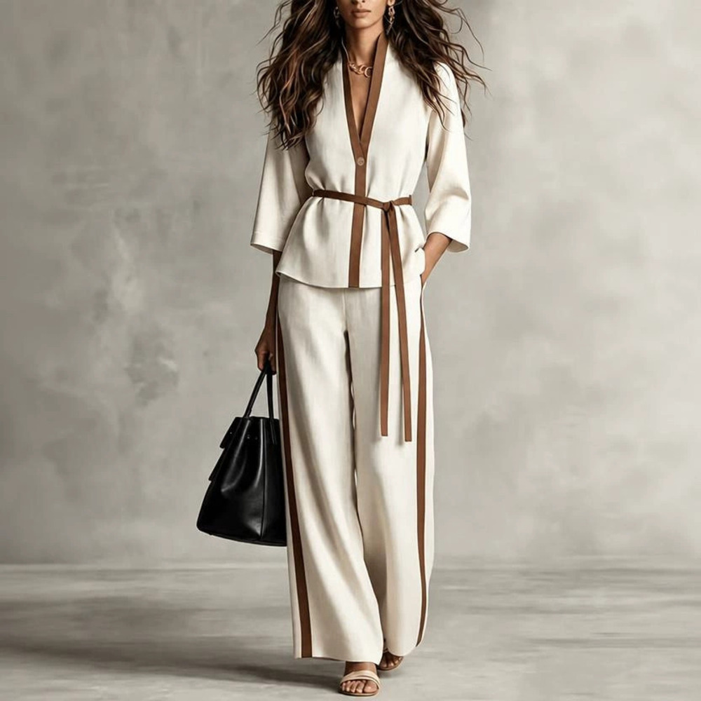 Zara Contrast Trim Collar Three Quarter Sleeve Tie Front Top Wide Leg Pants Set